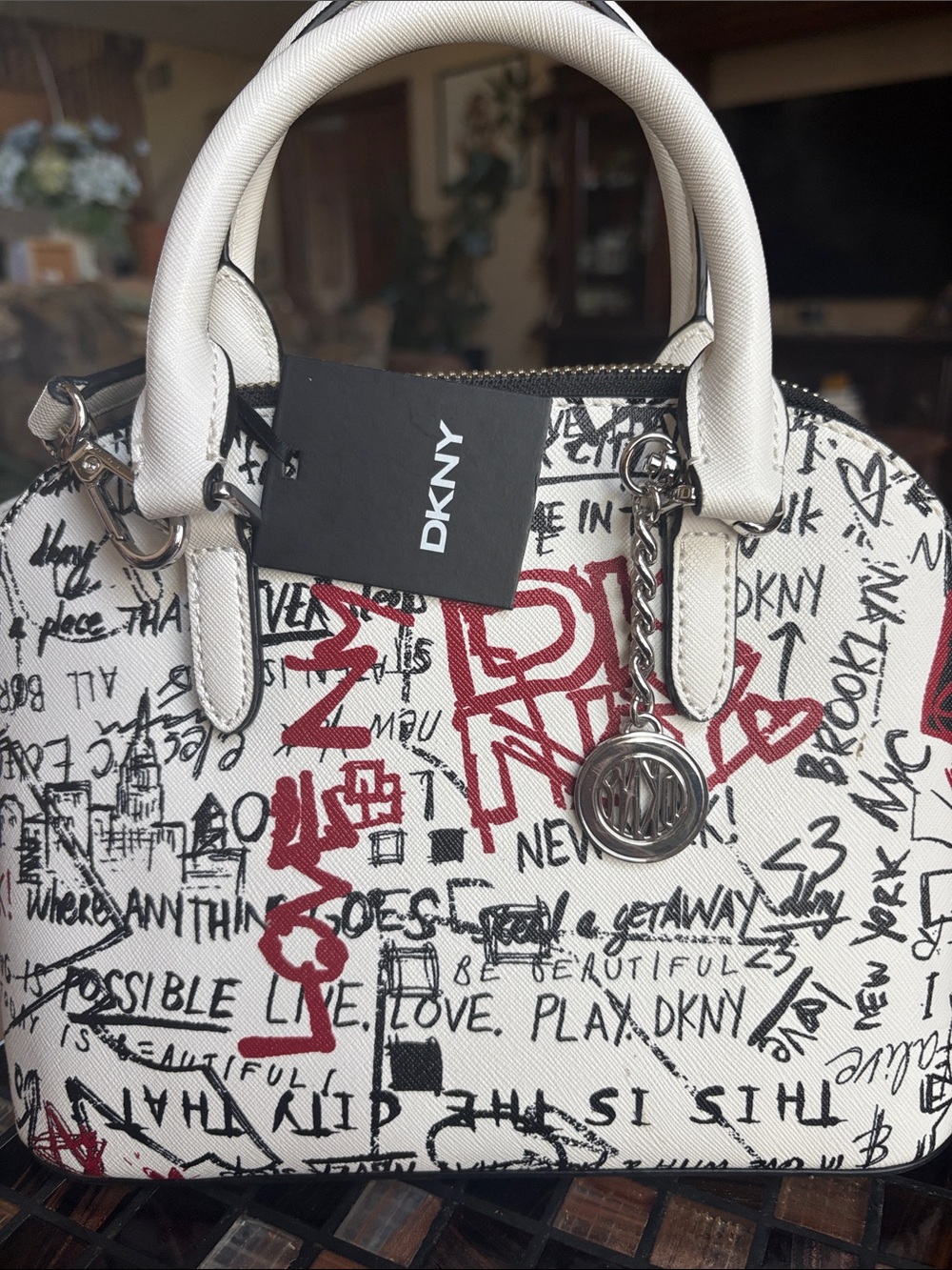 DKNY White Satchel with Red & Black Graffiti Print NWT & Cross body strap